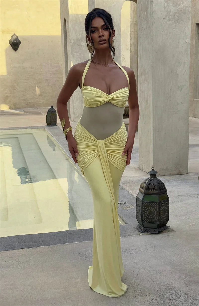 Women’s Halter Backless Maxi Dress – Off-Shoulder Ruched Bodycon Club Party Gown