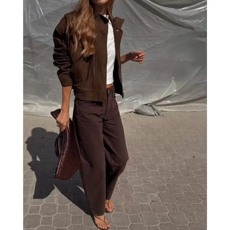 Women Suede Leather Jacket with Pockets Autumn Fashion High Collar Long Sleeve Button Jacket Lady Coats Causal Female Chic Tops