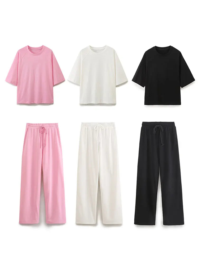 DUOPERI Women Fashion 2 Pieces Sets Solid Loose T-Shirt and High Elastic Waist Trousers Female Chic Lady Casual Pant Coordinates