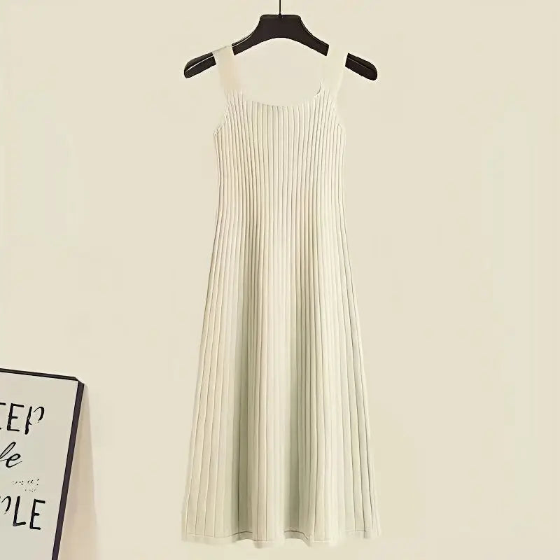 Women's Spring Autumn Long Split Sweater Sling Dress Two Piece Set Lady Graceful Black Knit Clothing Sleeveless Dresses Outfits