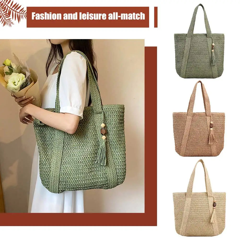 Woven Handbags Ladies Summer Woven Totes Bag with Tassel Women Shoulder Bag Large Capacity Fashion Straw Female Shopper Bag