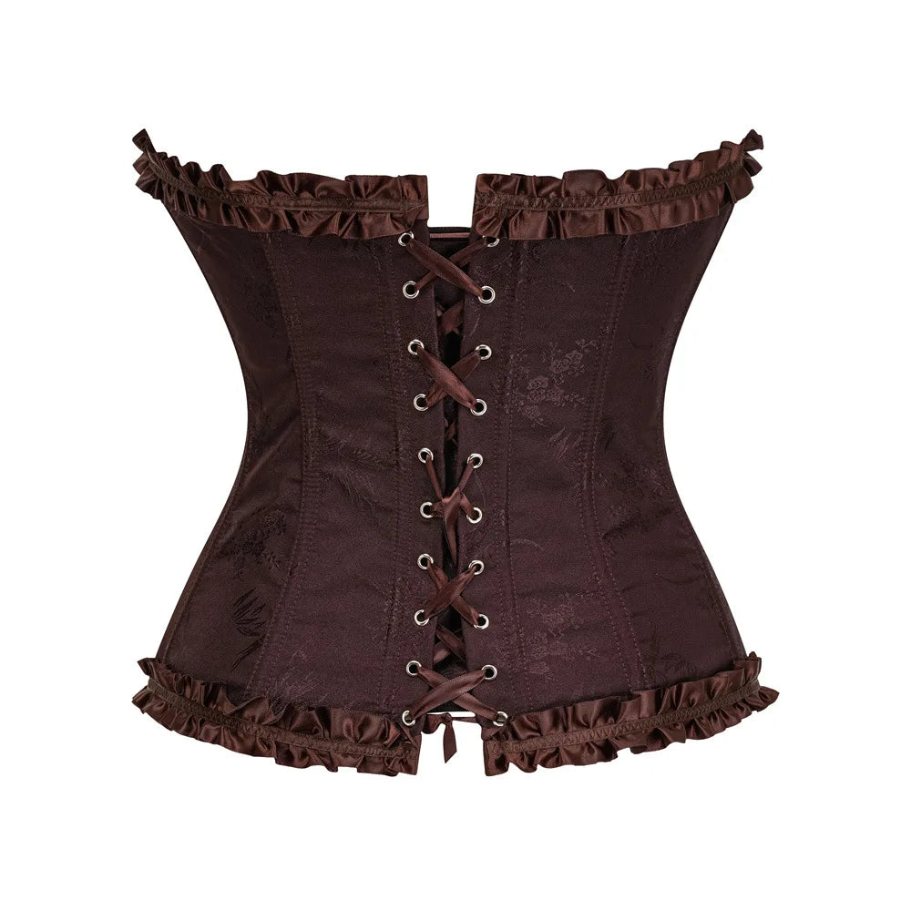 USA-Made Jacquard Ruffled Overbust Corset – Gothic Victorian Push-Up Bustier