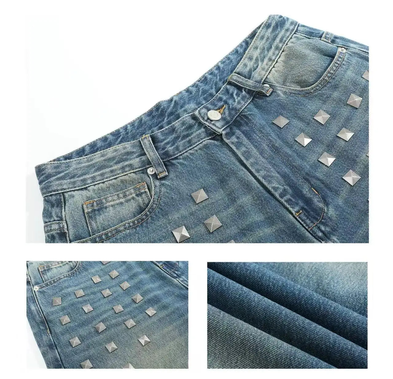 Women's Retro Wide-Leg Denim Jeans with Rivet Detail