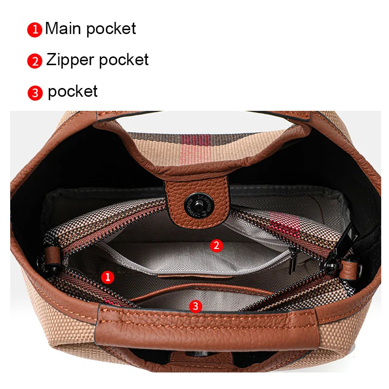 Leather plaid handbag, large-capacity mother bag, shopping basket, one-shoulder handbag