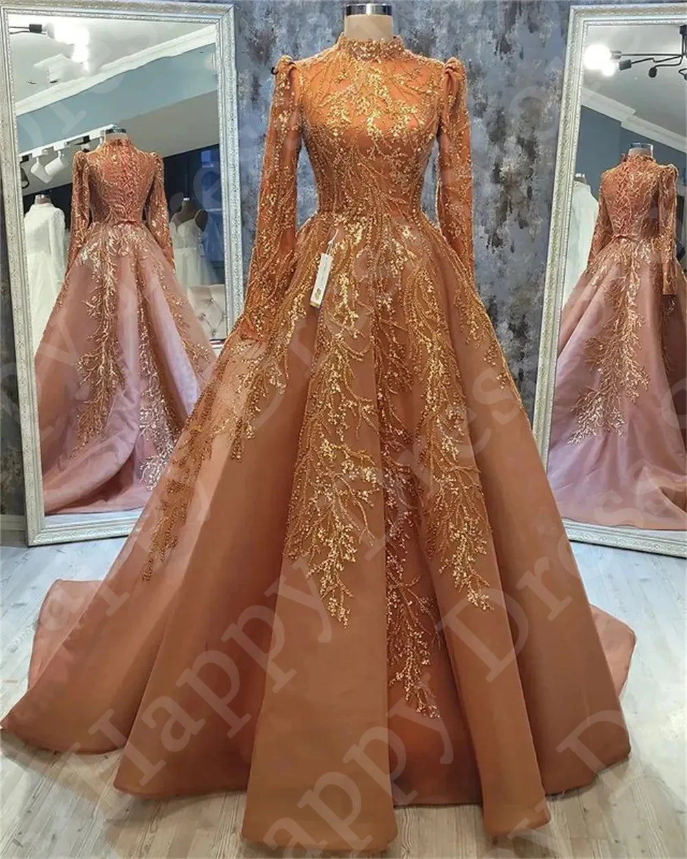 Luxury 3D Appliqué High-Neck Evening Gown | Formal