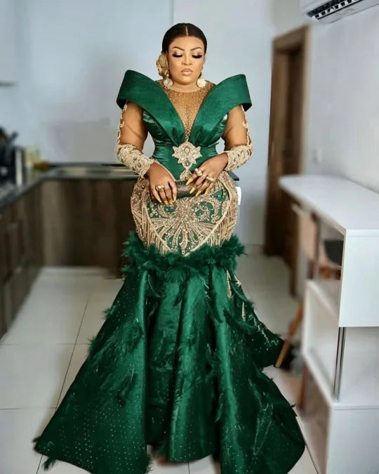 Mermaid Evening Gown | Crystals, Feathers & Beading