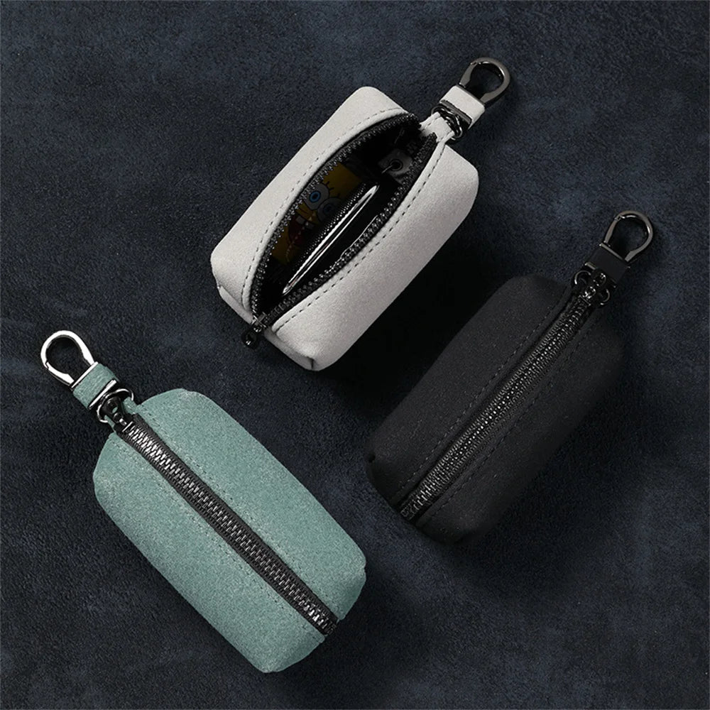 Portable Keychain Wallet for Men Women Large-Capacity Double Zipper Key Pouch Bag Suede Leather Key Case Unisex Coin Purse