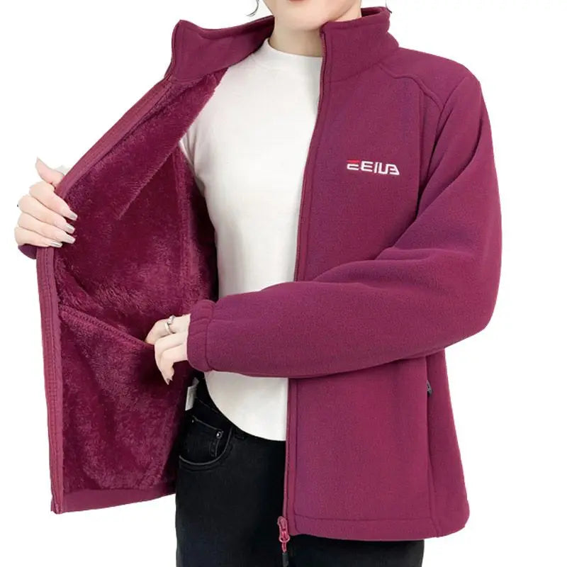 Women's Fleece Zip-Up Jacket with Embroidered Stand Collar