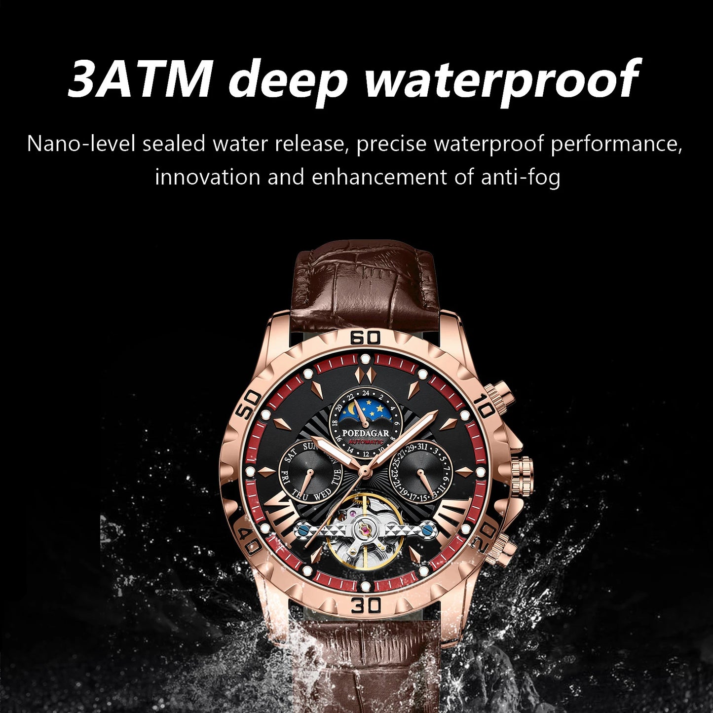 POEDAGAR Luxury Automatic Male Watch Date Week Luminous Waterproof Tourbillon Men Watch Leather Fashion Mechanical Men's Watches
