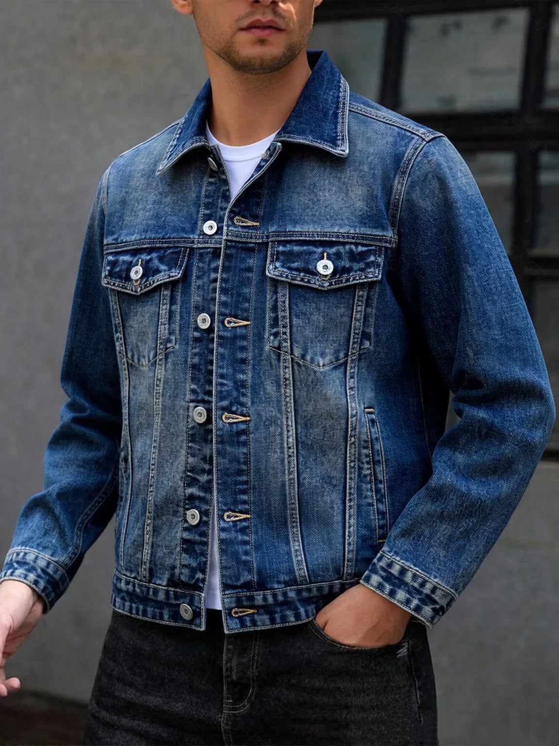 American style multi pocket denim jacket for men blue grey vintage washed loose fitting versatile trendy workwear jacket