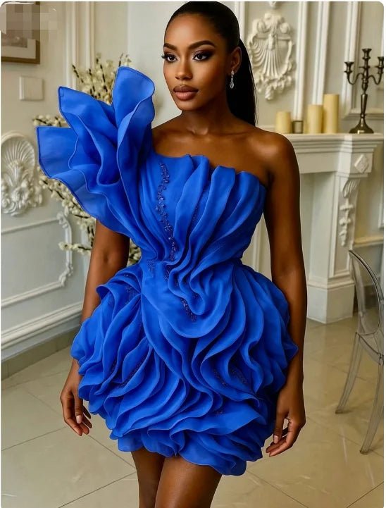 Asymmetric Ruffle Mini Dress | One-Shoulder Floral Gown
