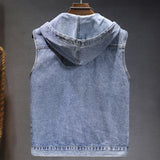 New Men's Loose Workwear Denim Vest with Hood Sleeveless Everyday Versatile Shoulder Pad Jacket Casual Unisex Outerwear