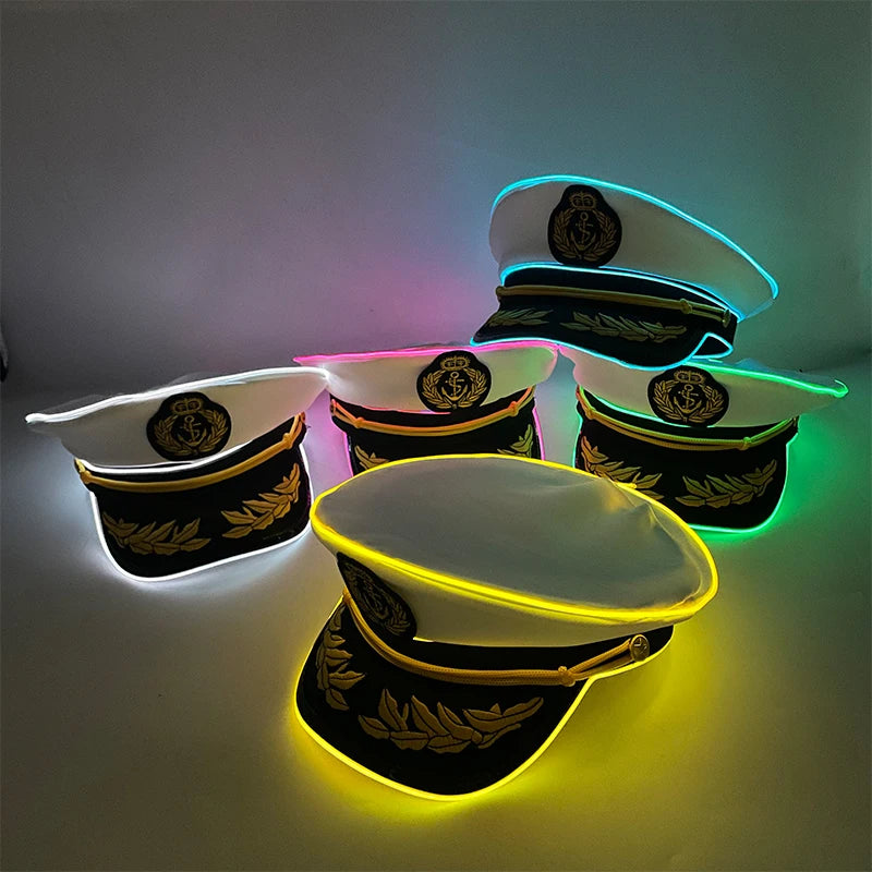 New Luminous White Sailor Captain Yacht Caps Wheat Embroidery LED Glow Navy Marine Hat Men Women Cosplay Halloween Costume Hats