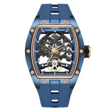 MEGIR Men Wristwatch Fashion Black Waterproof Automatic Mechanical Watch with Luminous Hands Silicone Strap Tonneau Dial 2242