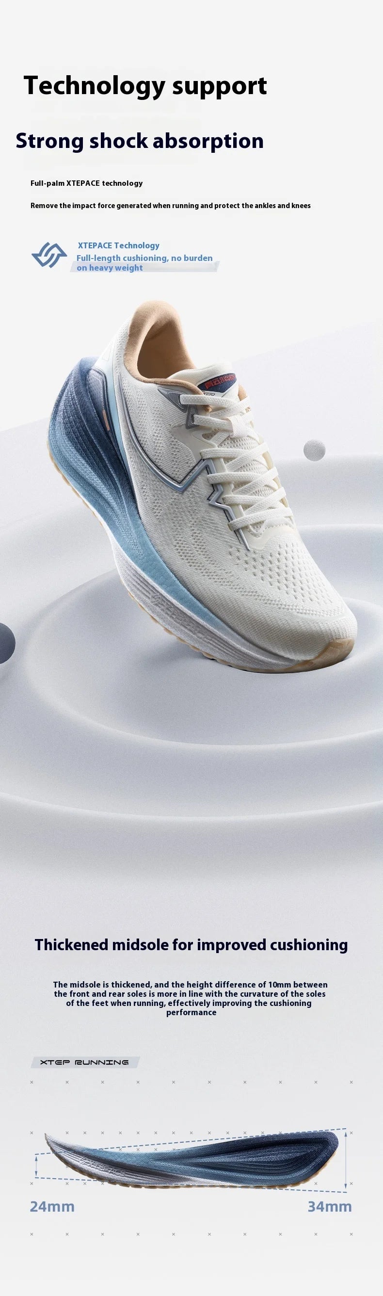 Xtep QINGYUN Running Shoes for Men 2025 Spring Support Shock Absorption Cushioning Lightweight Sport Shoes 975119110053