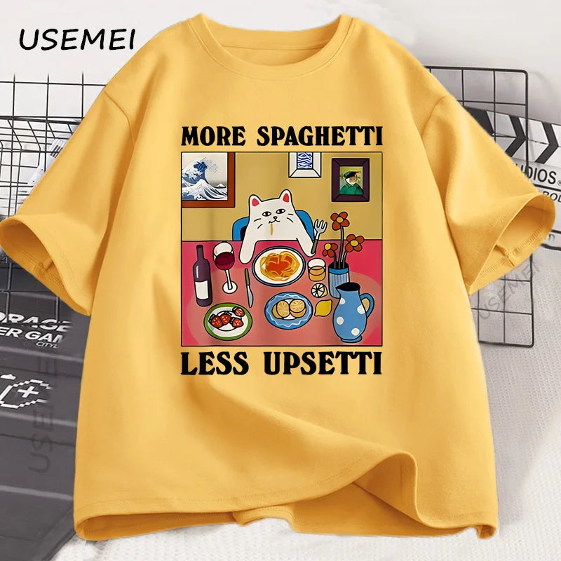 More Spaghetti Less Upsetti Funny Cat T-Shirt Men Women Printed T Shirt Harajuku O Neck Cotton Short Sleeve Tee Shirt Cat Lover