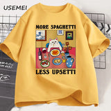 More Spaghetti Less Upsetti Funny Cat T-Shirt Men Women Printed T Shirt Harajuku O Neck Cotton Short Sleeve Tee Shirt Cat Lover