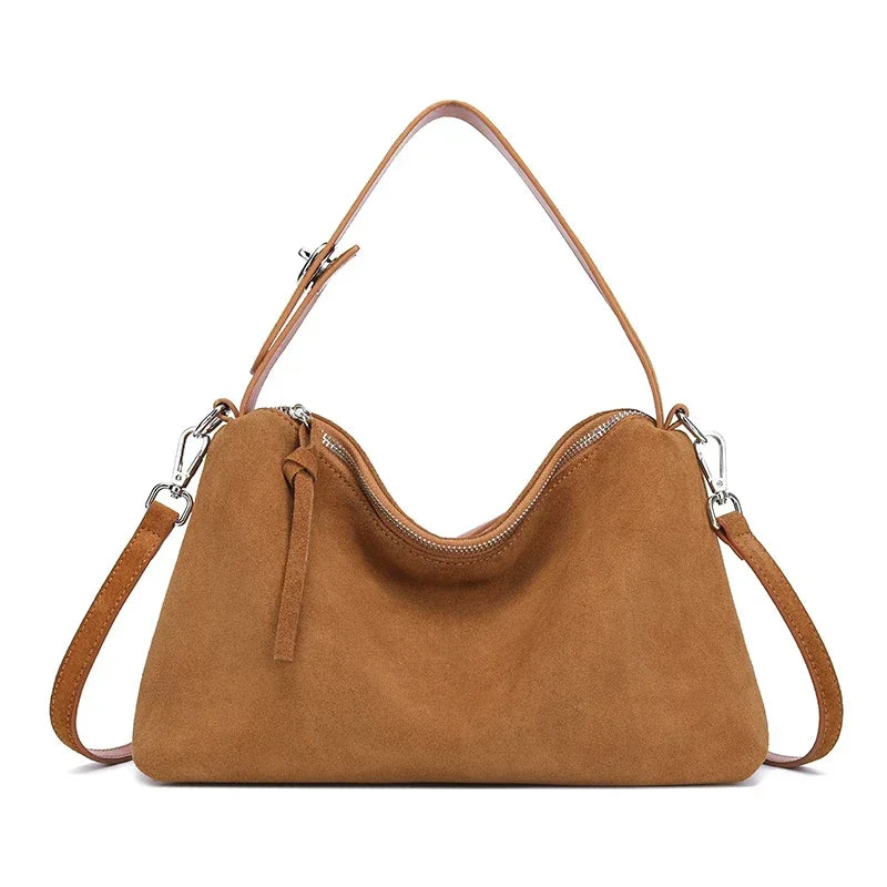 Russian Women's Genuine Suede Cowhide Leather Shoulder Bag Retro Frosted Cow Large Capacity Versatile Commuting Luxury Designer
