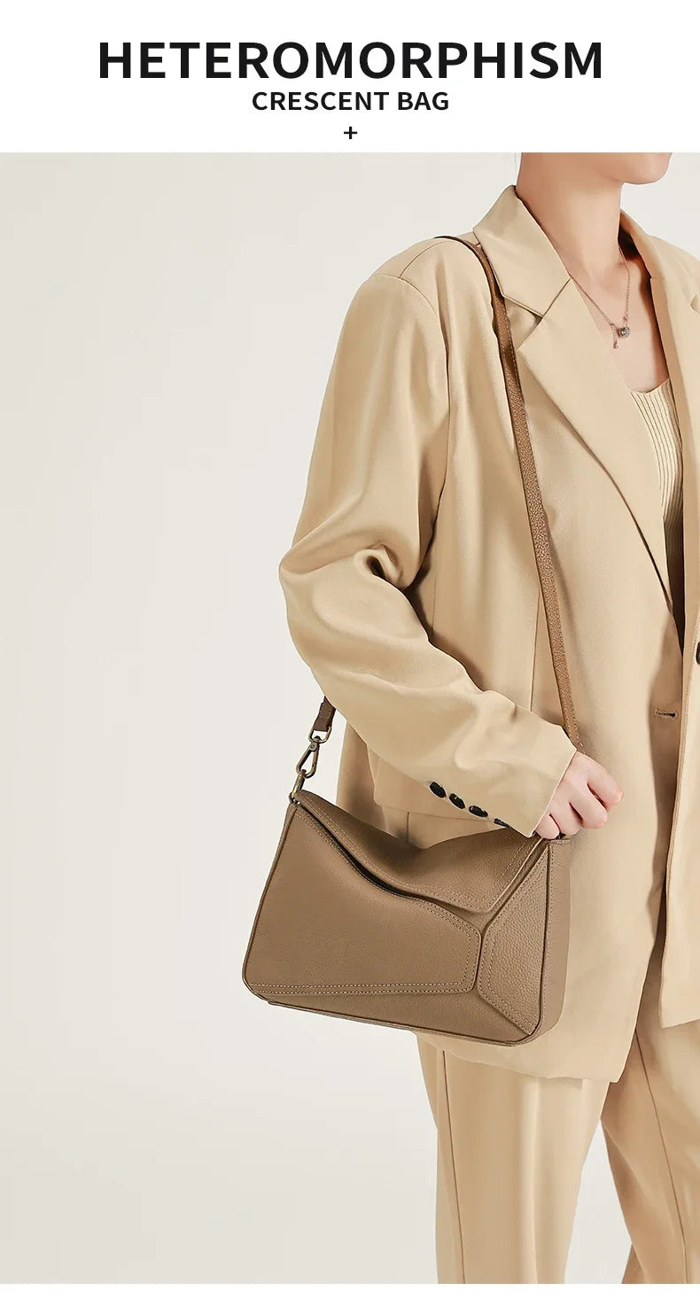 Pure 100% Cowhide Leather Women's Geometric Solid Color Shoulder Bag For Ladies Large Capacity Pillow Crossbody Handbag Luxury