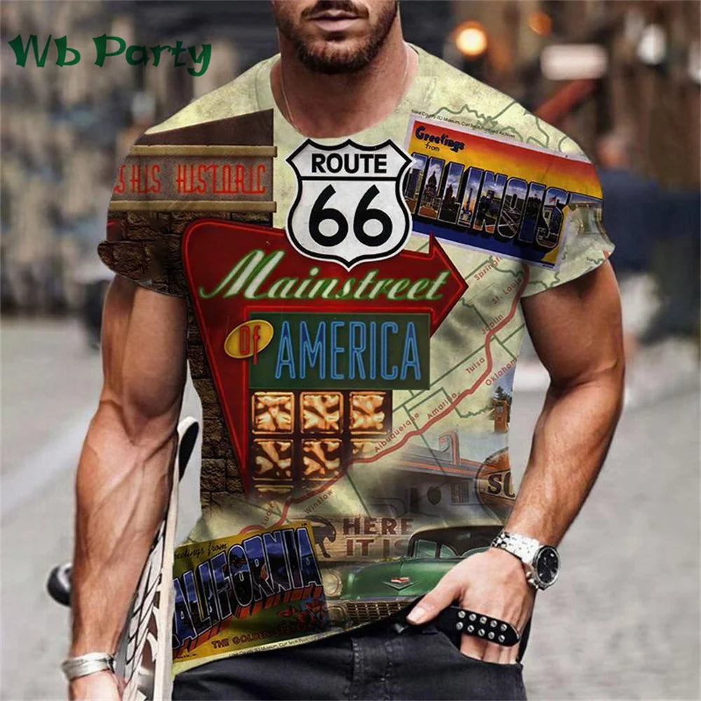 Vintage Route 66 Biker Print Men's Graphic Tee