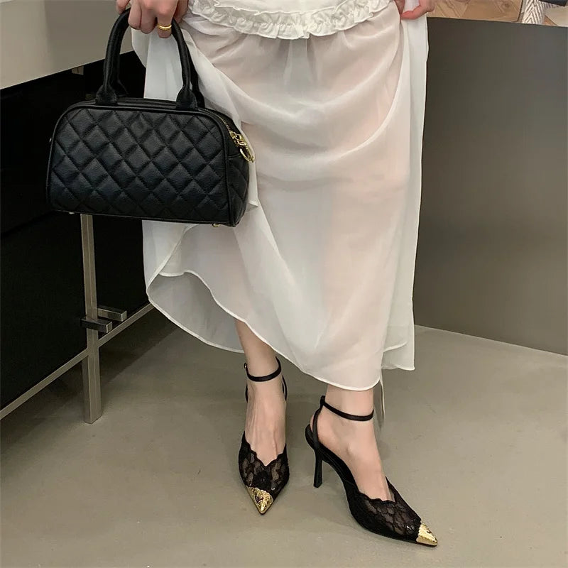 Aneikeh Pointed Toe Slingback Pumps – Floral Lace Heels