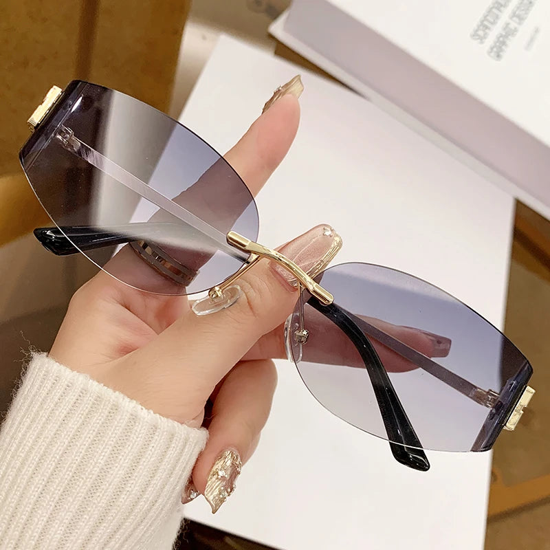 Oversized Rimless Oval Sunglasses – UV400 Metal Frame