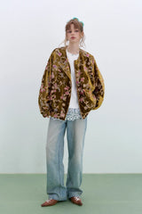 ELFSACK 2025 Gold Velvet Jacket Women's Winter Short Coat, Embroidered Goldfish Chinese Style Vintage Loose Padded Jacket