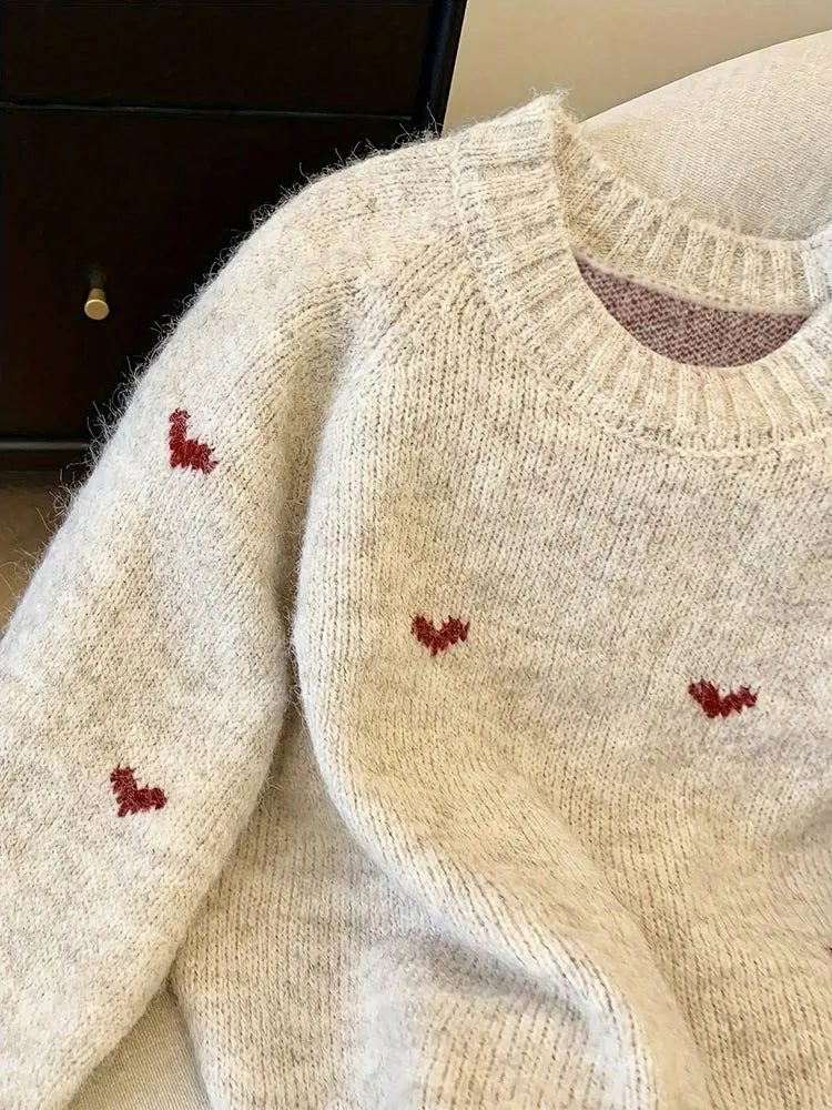 Women's Heart Print Round Neck Sweater