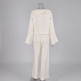 Linad Casual Loose Apricot Outfits Fashion Ruffles Flare Sleeve Blouse With High Waist Pant 2 Piece Sets Summer Long Pants Suits