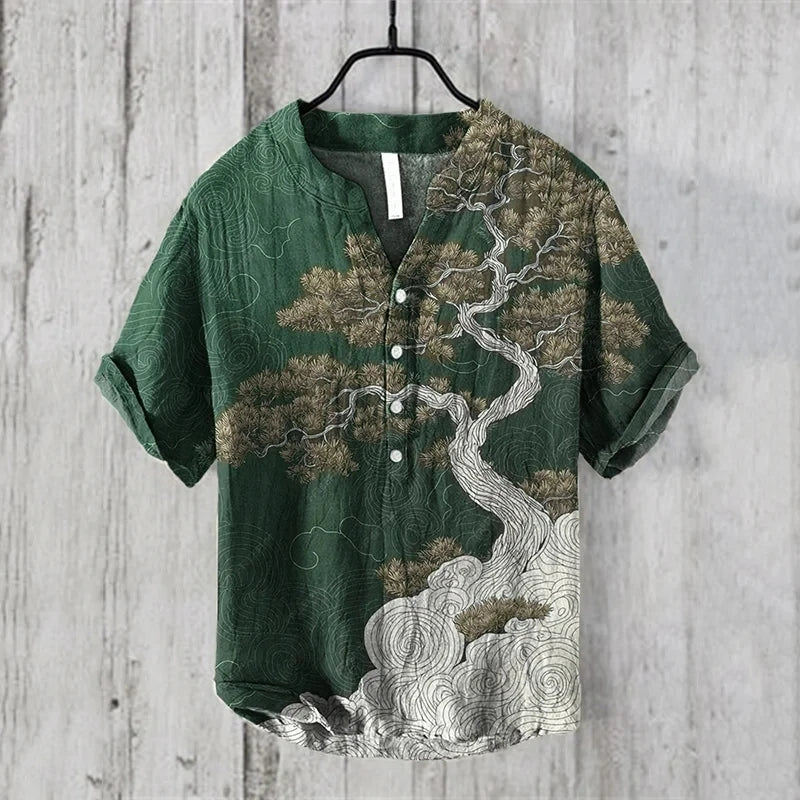 Men’s V-Neck Linen Blend Short Sleeve Shirt