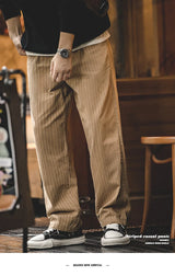 Maden Retro 12.8oz Grey Striped Jeans Straight Fit Zip Fly with Pockets Versatile Herringbone Trousers for Men's Spring and Fall