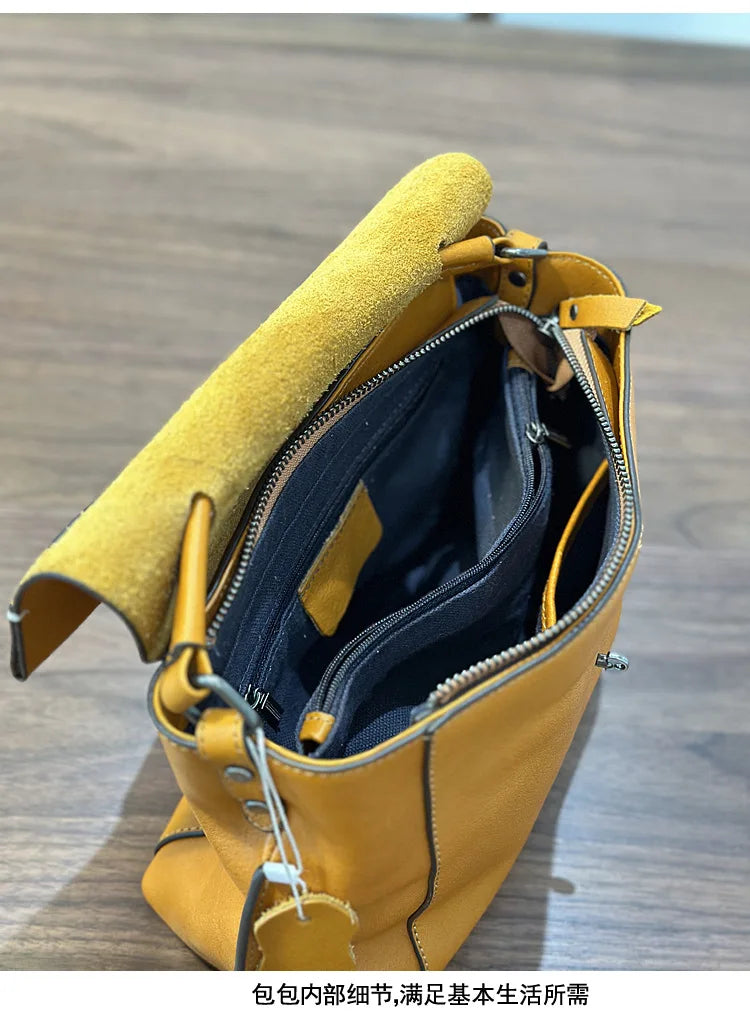 Johnature 2026 Autumn New Handmade Retro Genuine Leather Women's Bag Versatile Soft Cowhide Solid Color Shoulder Crossbody Bags