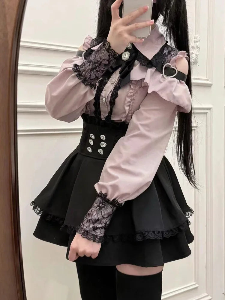Japanese Y2K Aesthetics Vintage Bow Dress Shorts Set Women Gothic Lolita Style Long Sleeve Shirt Dress Elegant Party Dress Suits