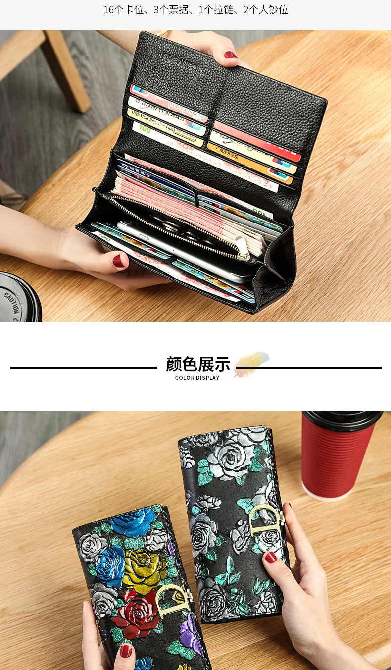 Genuine Leather Purse Wallet Female 3d Embossing Ladies Personality Retro Long Clutch Wallet Women Purse Coin Holders