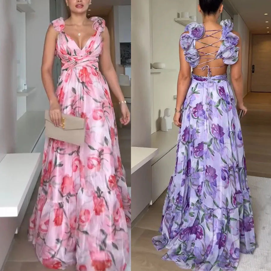 Elegant V-Neck Floral Silk-Laminate Maxi Dress – Summer 2025 Edition