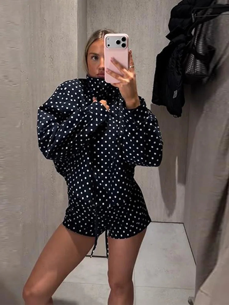 Fashion Navy Polka Dot Shorts Set For Women Casual Stand Collar Zipper Jacket & High Waist Shorts Lady 2026 Spring Chic Outfits