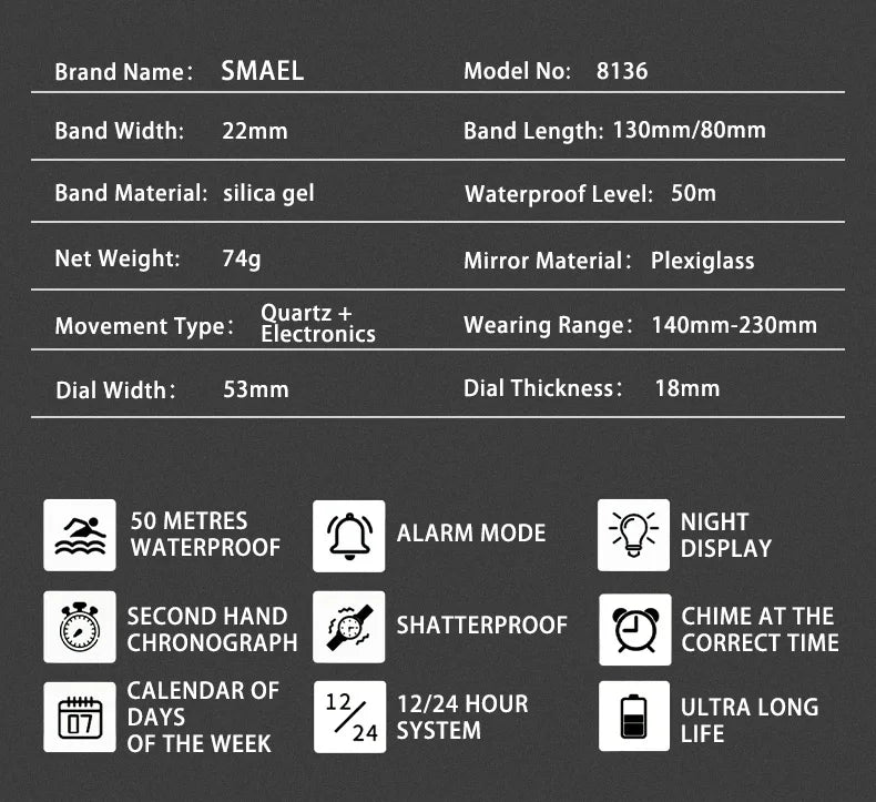 SMAEL 8136 Men's Sport Watch – 50M Water Resistant