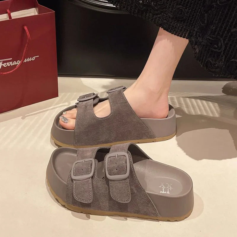 Bebealy Women Slippers With A Buckle Women's Shoes New Summer Casual Slippers Retro Trend Beach Slippers Round-headed Flip-Flops