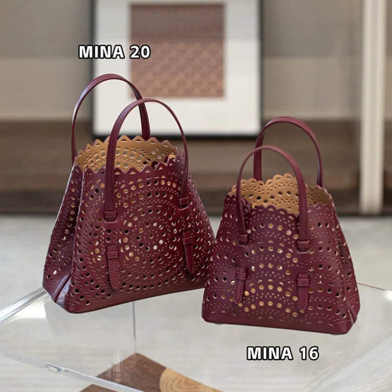 New Tote Bag French Cowhide Handmade Bag Niche Laser Engraved Hollow Leather Vegetable Basket Bag Casual Versatile Temperament