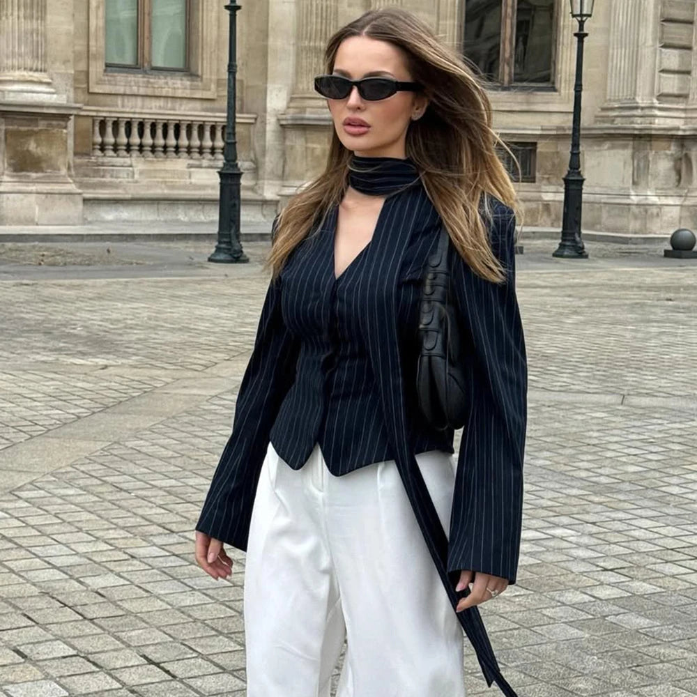 Tuularose 3 Piece Dress Set Women Elegant V-Neck Striped Ribbon Blazer Slim Short Dress Set Fashion Luxury Women Party Dress Set