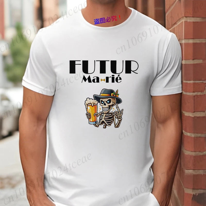 French Funny Single Farewell Bachelor Party T-shirt Wedding Beer Skeleton Tops Evg Team Married Tee Future Groom Man Squad Shirt