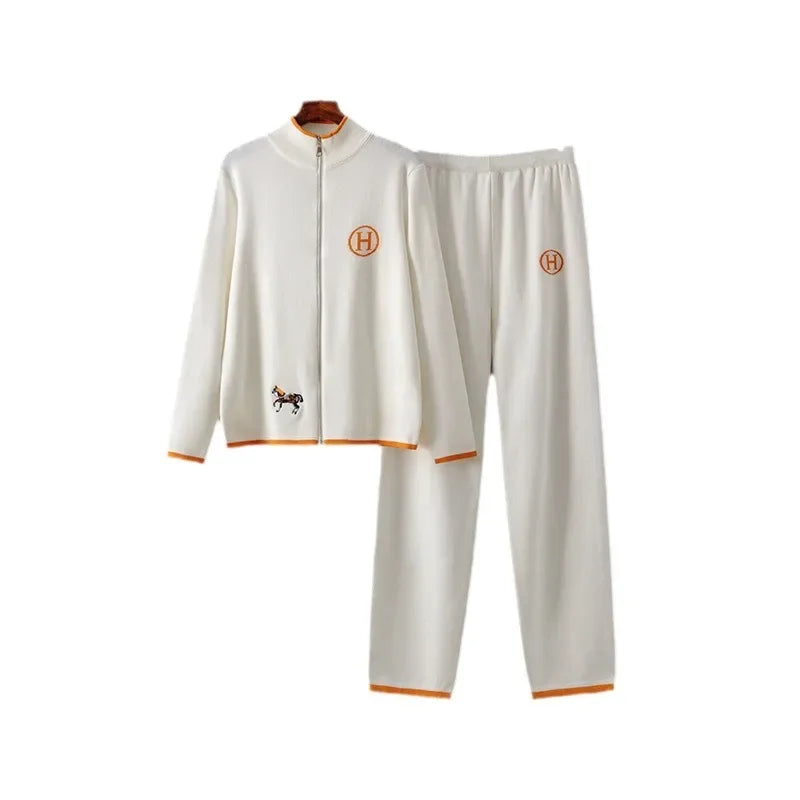 USA-Made Luxury Wool 2-Piece Set: Embroidered Horse Knit Jacket & Pants