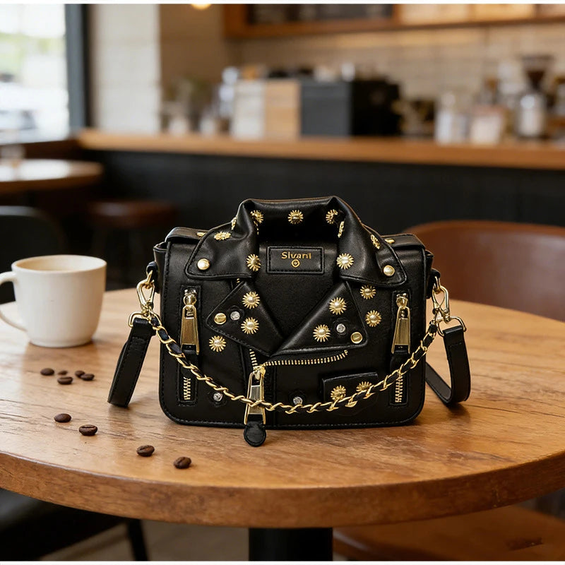 Jacket Collar Shaped Crossbody Shoulder Bag,Women Metal Flower Studded Handbag ,Niche Designer Streetwear Fashion Rivet Tote Bag