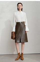 AMII Minimalist PU Leather Skirt for Women