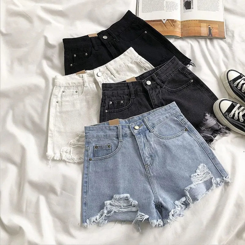 Women's High-Waist Y2K Ripped Denim Shorts – Distressed Tassel Jean Cut-Offs