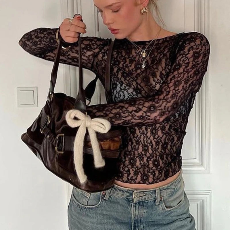 2026 Summer Lace Printed Shirts Tops Female Hollow Out Fashion Commute Vintage See-Through Blouse Women's Lace Shrug Shirts New