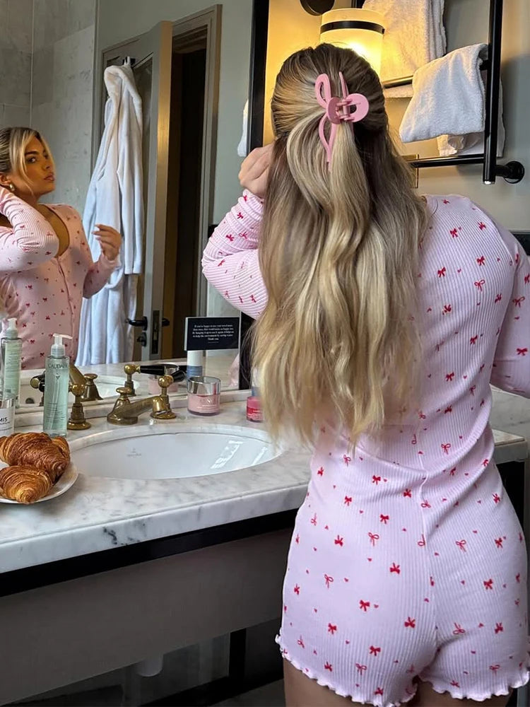 Bow Print Square Collar Loungewear Jumpsuit