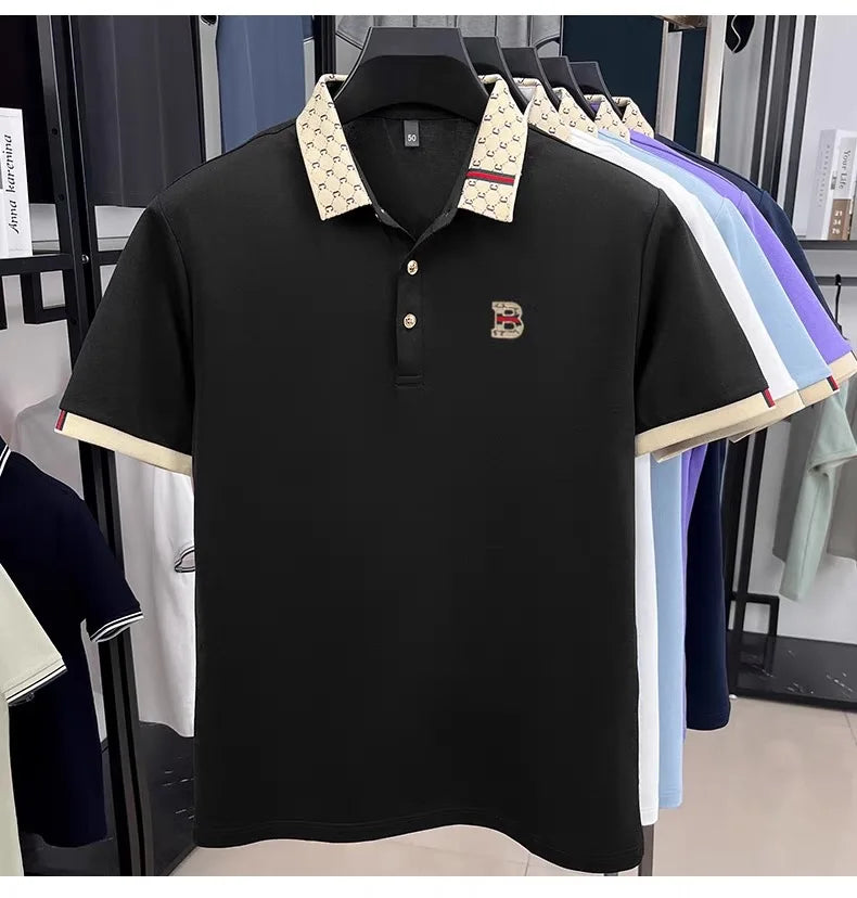 B Letter Embossed Short Sleeve Polo Shirt for Men