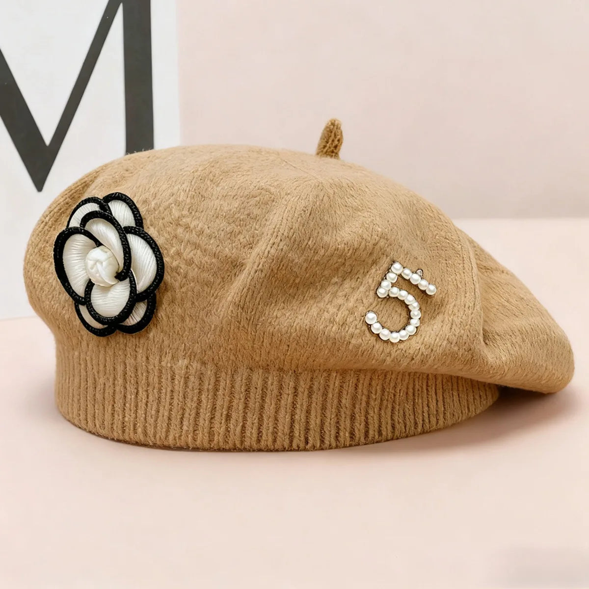 Women's Floral Pearl Knit Beret – Elegant Winter Hat