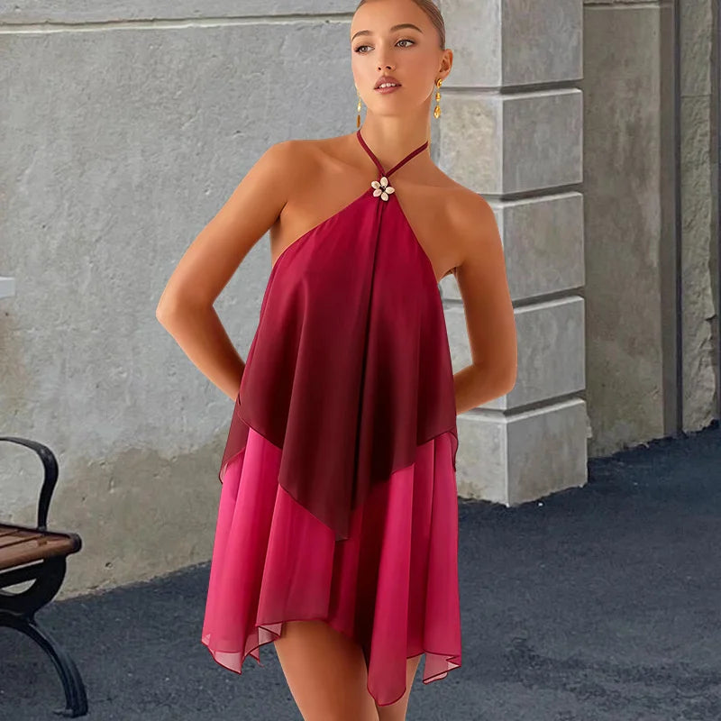 Women's Gradient Halter Backless Mini Dress – Elegant Mesh Off-Shoulder Party Gown